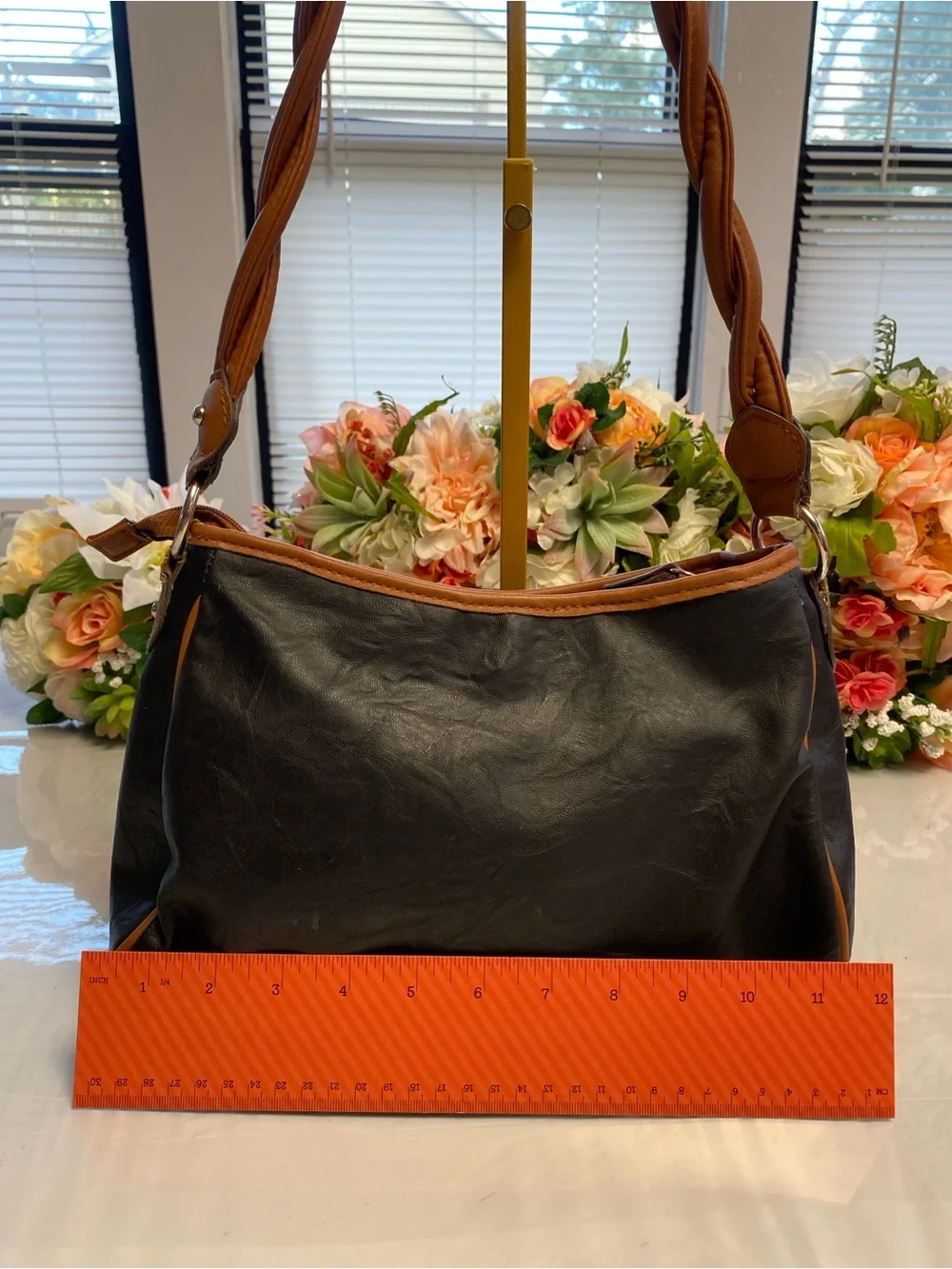 Rosetti Black Cognac Belted Hardware Hobo Satchel Shoulder Bag